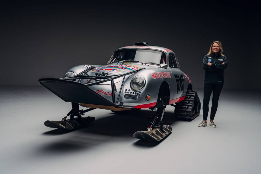 Porsche 356 modificado para neve e pilota Renné Brinkerhoff