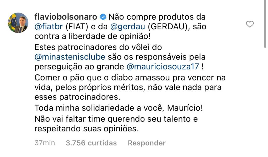 Conteúdo original da postagem de Flávio Bolsonaro, posteriormente alterada