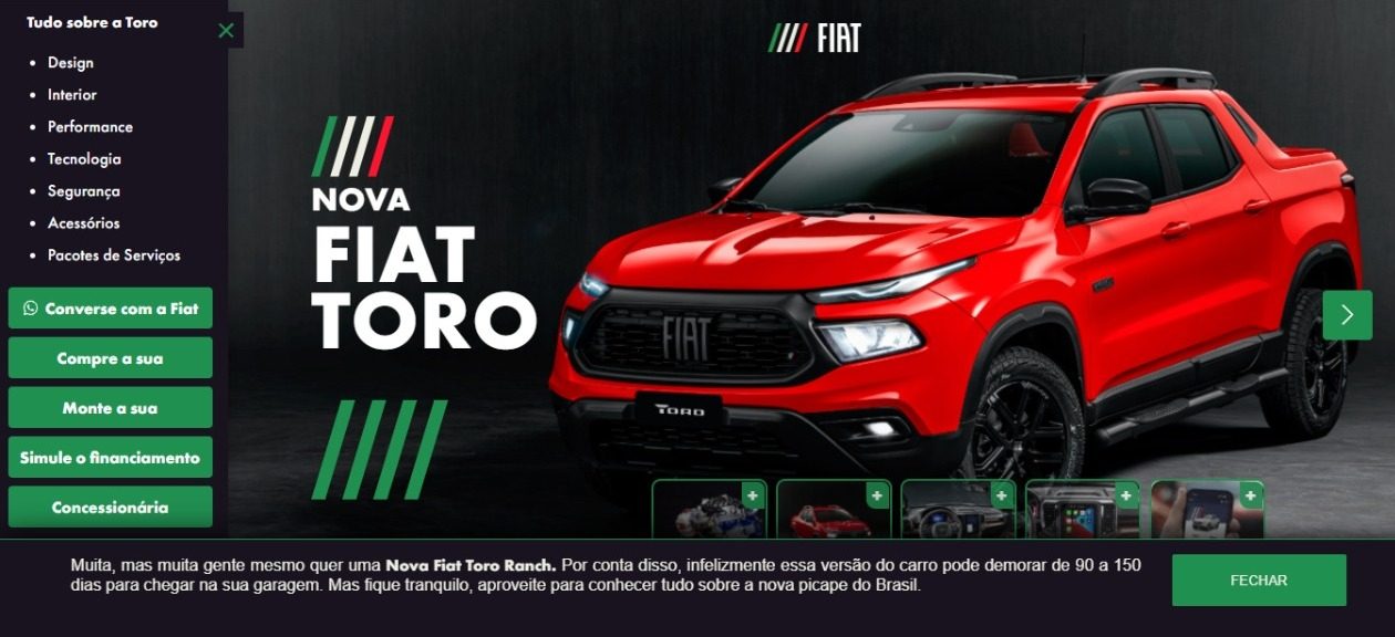 Mensagem encontrada por quem acessa o site da Fiat Toro