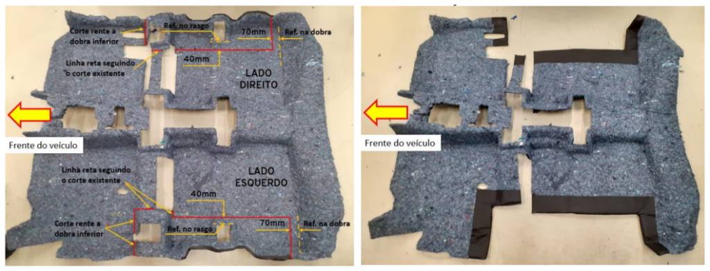 Imagem mostra como é e como fica a manta de isolamento acústico do assoalho do Tracker