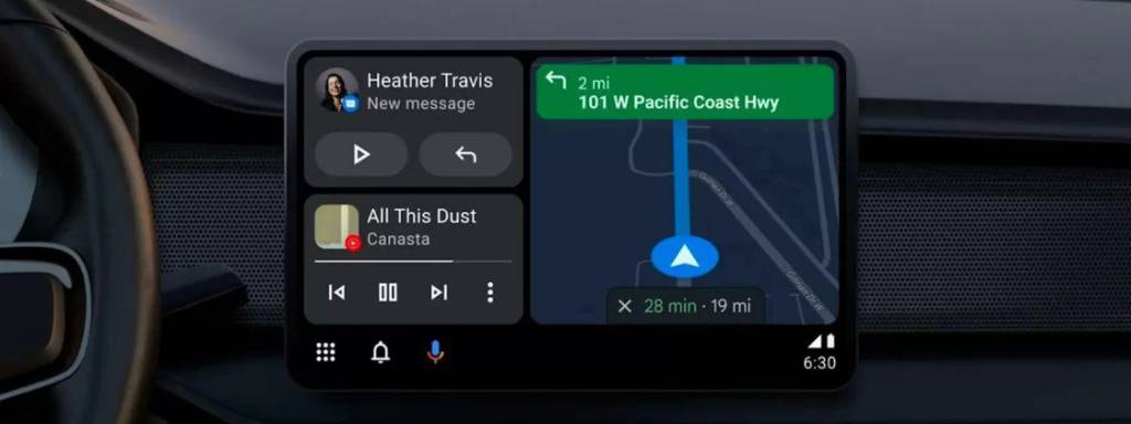 Tela principal do Android Auto exibe aplicativos de mídia, navegação e comunicação