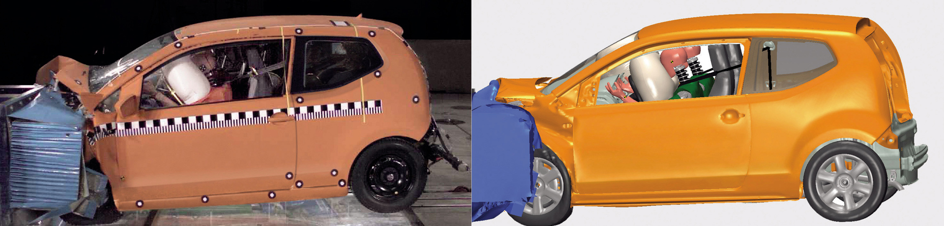 Comparação entre o crash-test real e o virtual de um VW Up!. Imagem de 2012