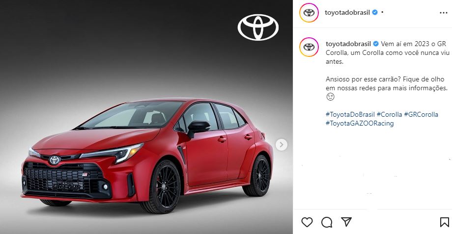 Publicação da Toyota no Instagram confirma o GR Corolla para 2023