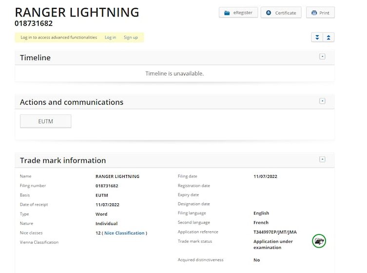 Ranger Lightning e Maverick Lightning são registradas