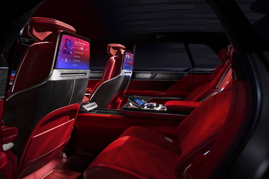 Cadillac CELESTIQ show car View from the driver’s side rear door of the CELESTIQ showcasing the rear seats and displays on the back of the front seats and the middle console display. Show car images displayed throughout (not for sale).