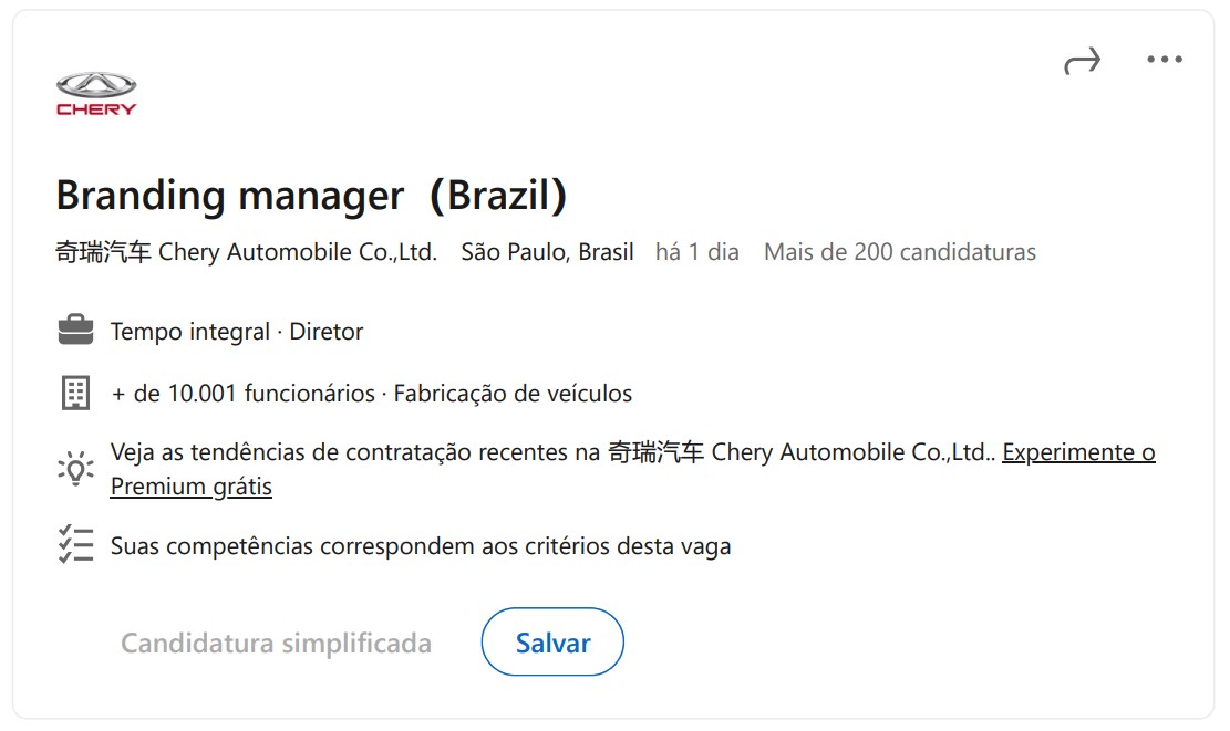 Vaga no Linkedin buscava liderança para a Exeed no Brasil
