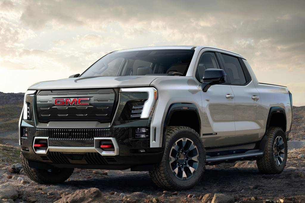 Front 3/4 view of the off-road oriented Sierra EV AT4, which GMC will offer in model year 2025.