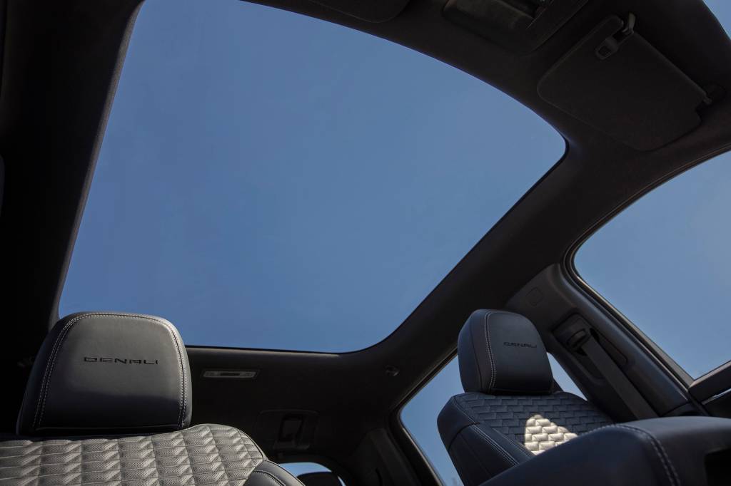 Detail shot of the GMC Sierra EV Denali Edition 1 panoramic fixed glass roof, which gives the cabin an open feel.