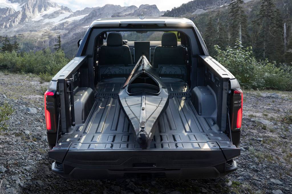 2024 GMC Sierra EV Denali Edition 1 The all-new MultiPro Midgate expands the usable bed space up to 10-feet, 10-inches on the GMC Sierra EV Denali Edition 1, which can help accommodate longer items like a canoe.