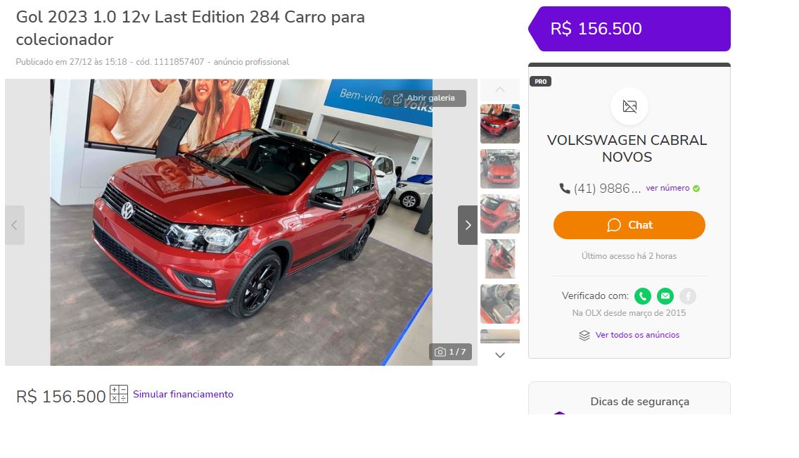 Último VW Gol Last Edition é vendido por incríveis R$ 154 mil em