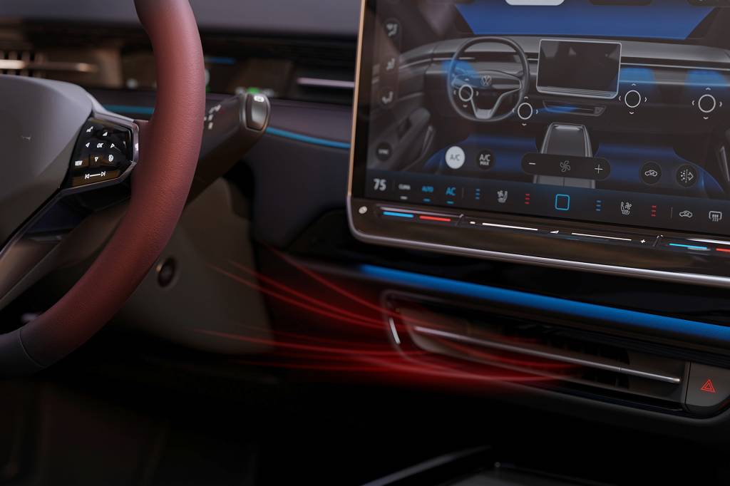 Volkswagen ID.7 Warm your hands by voice command – very easy in the ID.7: The steering wheel heating is activated automatically, in addition, air flows specifically to the hands on the steering wheel.