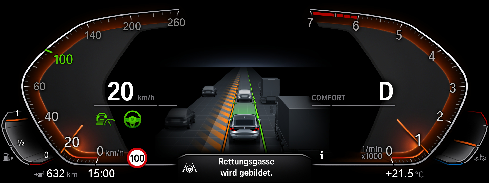 O painel de um carro mostrando como a tecnologia anticolisão e de reconhecimento de faixa funciona. A imagem mostra as faixas da rua e o carro logo à frente destacados com linhas verdes.