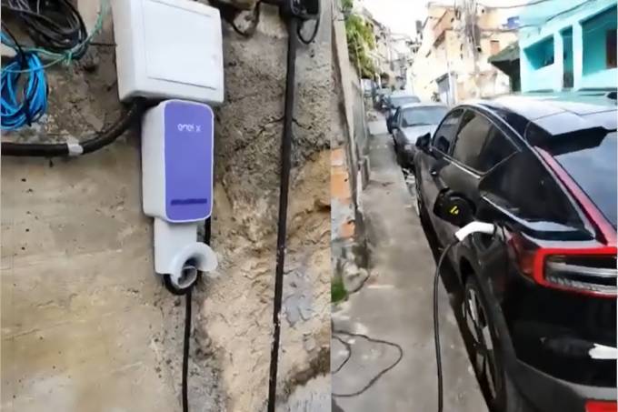 Volvo C40 roubado sendo carregado em comunidade do Rio de Janeiro