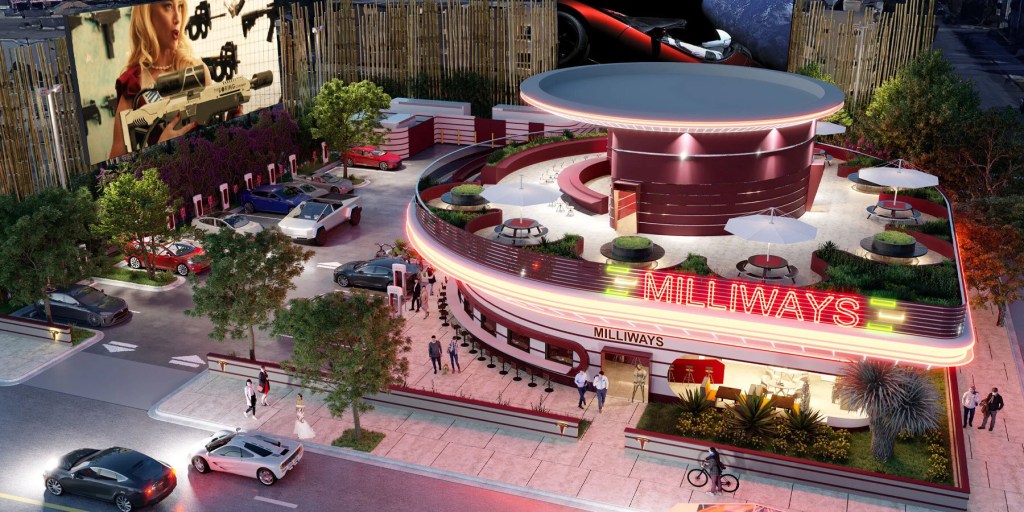Projeção feita de como será o novo Diner and Drive-in Movie Supercharger em West Hollywood