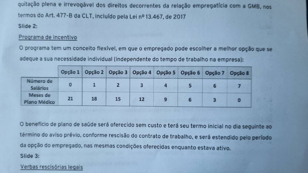 E-mail com Plano de Demissão Voluntária oferecido pela GM na semana passada