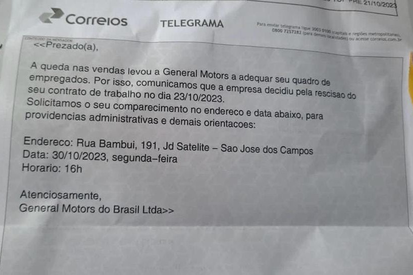 Telegrama informando a demissão de um funcionário da Chevrolet