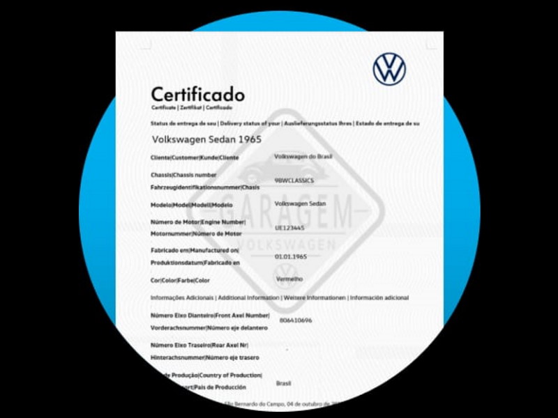 Certificado de carros clássicos volkswagen 1