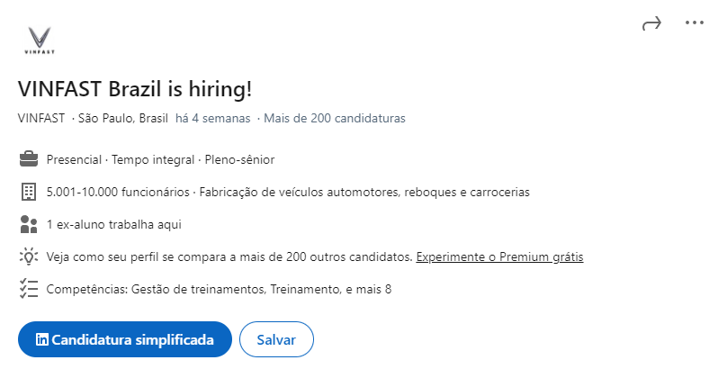 Anúncio de vagas de emprego da VinFast no Brasil foi publicado há um mês