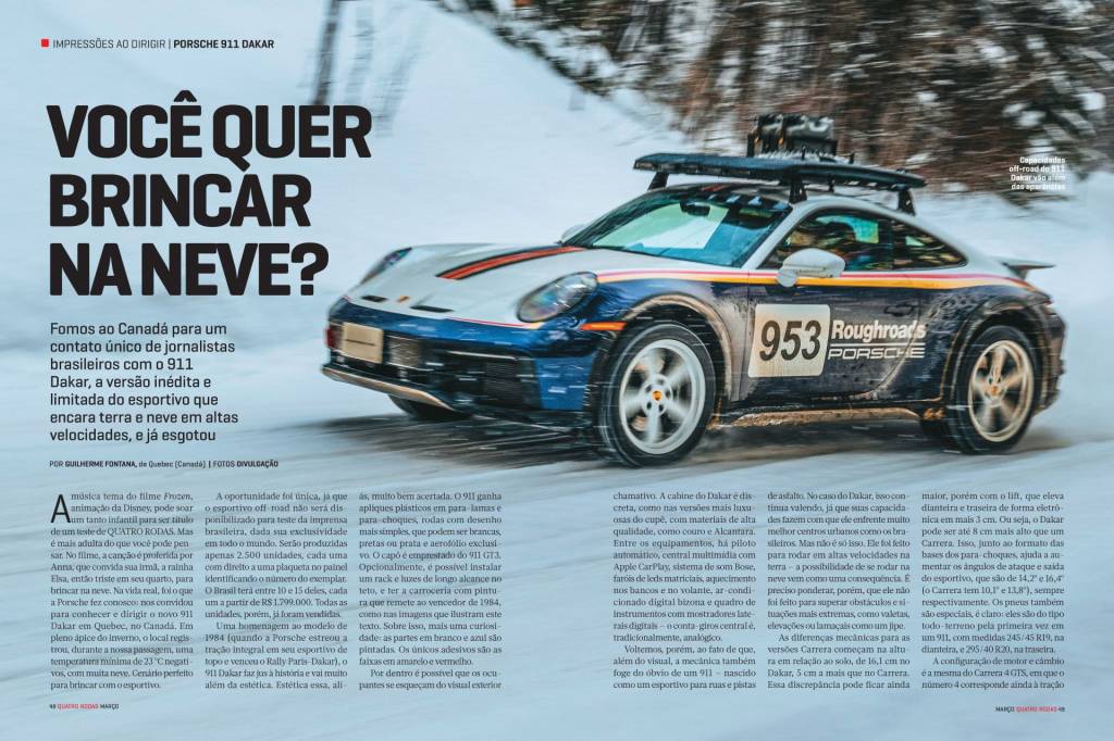 Fomos ao Canadá para um contato único de jornalistas brasileiros com o 911 Dakar, a versão inédita e limitada do esportivo que encara terra e neve em altas velocidades, e já esgotou