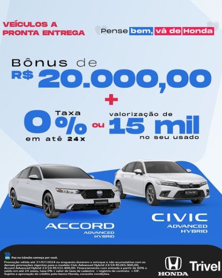 Promoção para Honda Civic e Accord na Trivel