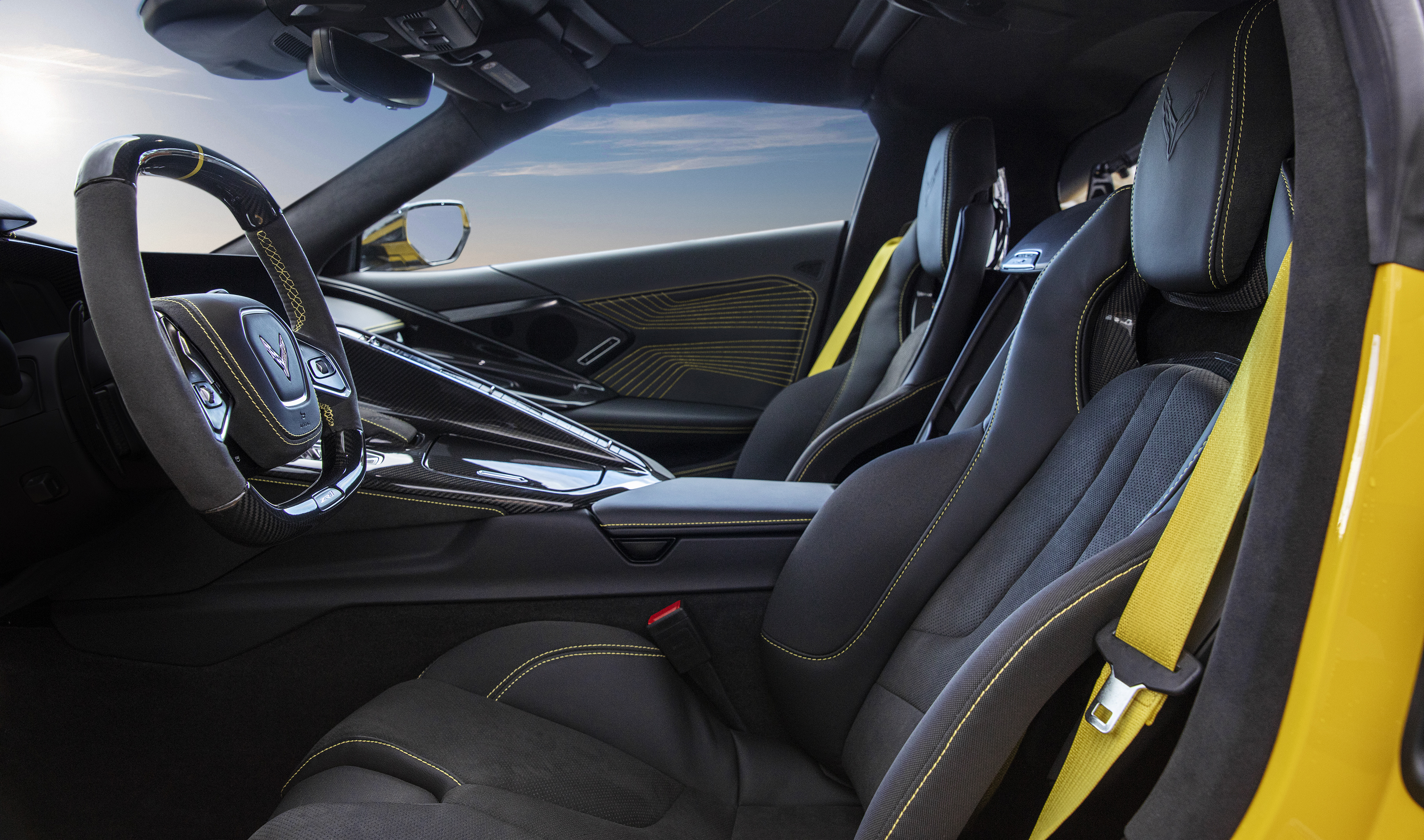 Chevrolet Corvette ZR1 Coupe interior, looking across the cabin from the driver’s side to passenger side. Preproduction model shown. Actual production model may vary.