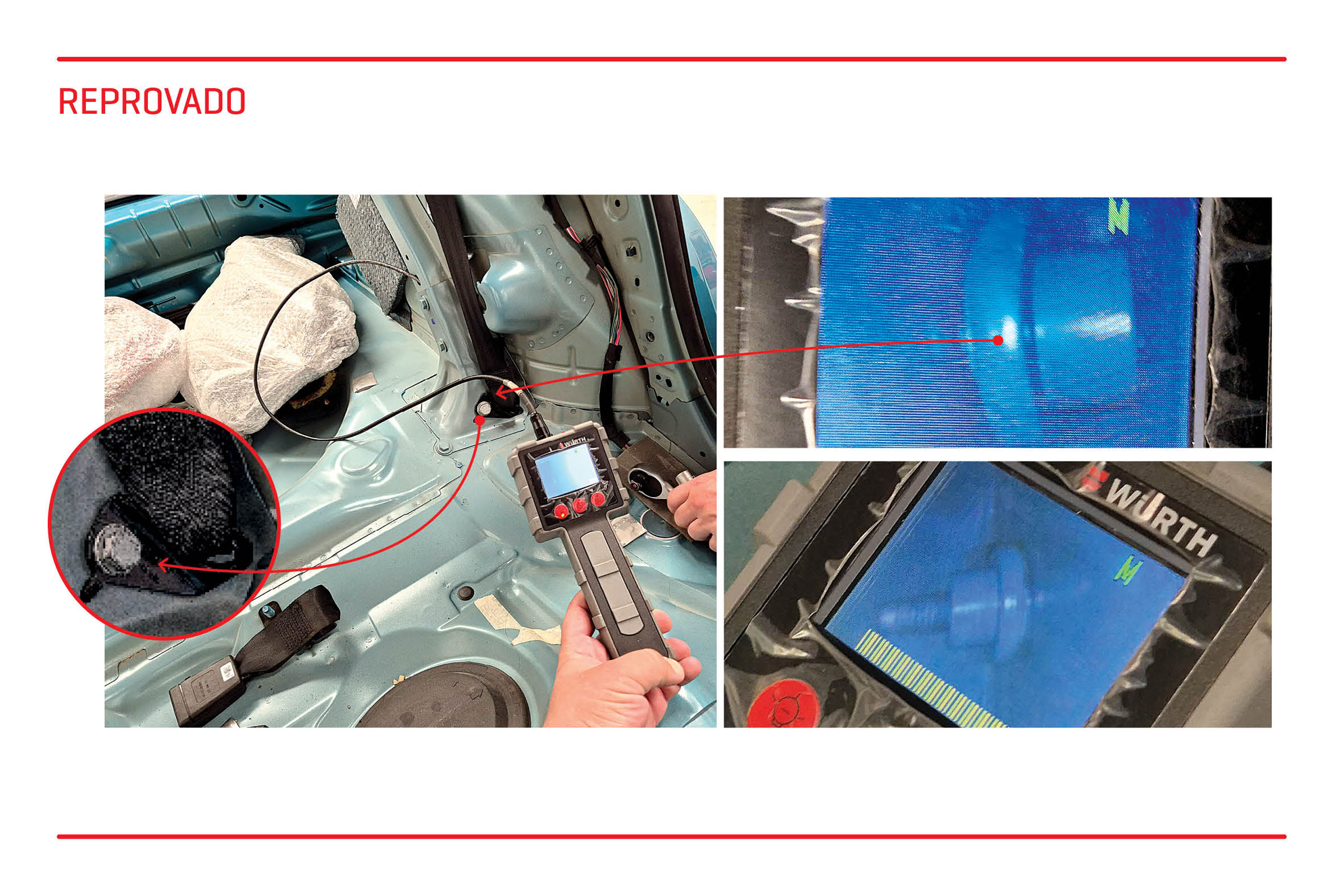 Cinto traseiro William, da Car13, ouviu um estalo no primeiro movimento para remover o parafuso do cinto traseiro esquerdo: era a solda da porca interna se rompendo. Sem a solda, a porca gira solidária ao parafuso, impossibilitando sua remoção. Só foi possível verificar isso com o auxílio de um endoscópio (veja a imagem ao lado). Esse aparelho evitou que rompêssemos soldas estruturais do carro para acessar o local.