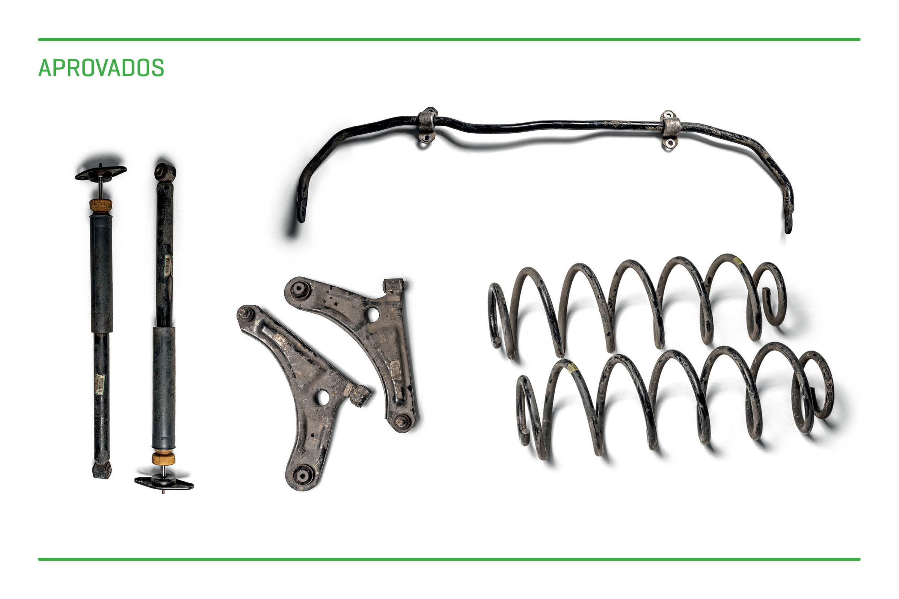 A PARTE BOA DA SUSPENSÃO Bandejas e pivôs dianteiros, molas, barra estabilizadora e seus mancais foram aprovados, assim como o conjunto de suspensão traseira, incluindo os amortecedores. Mesmo as buchas das bandejas dianteiras chegaram íntegras ao final do teste.