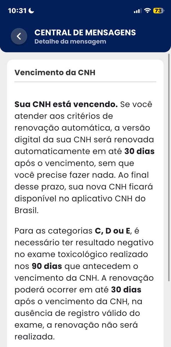 Notificação do aplicativo da CNH do Brasil