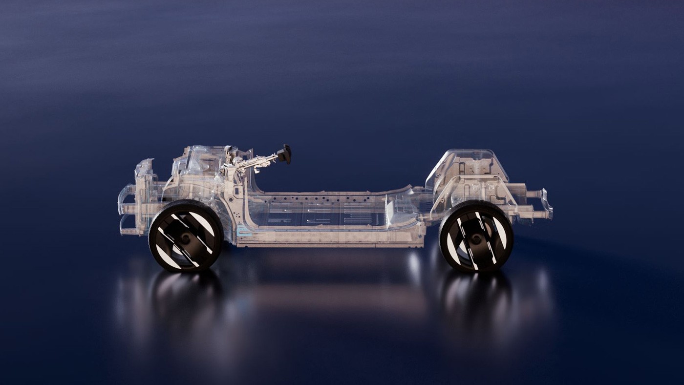 Chassi de carro transparente com rodas pretas e brancas, refletido em uma superfície escura, sobre fundo azul marinho