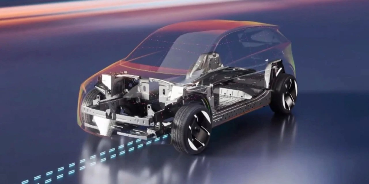 Carro transparente com chassi e componentes internos visíveis, sobre um fundo azul escuro com linhas de luz laranja e azuis que indicam movimento e tecnologia