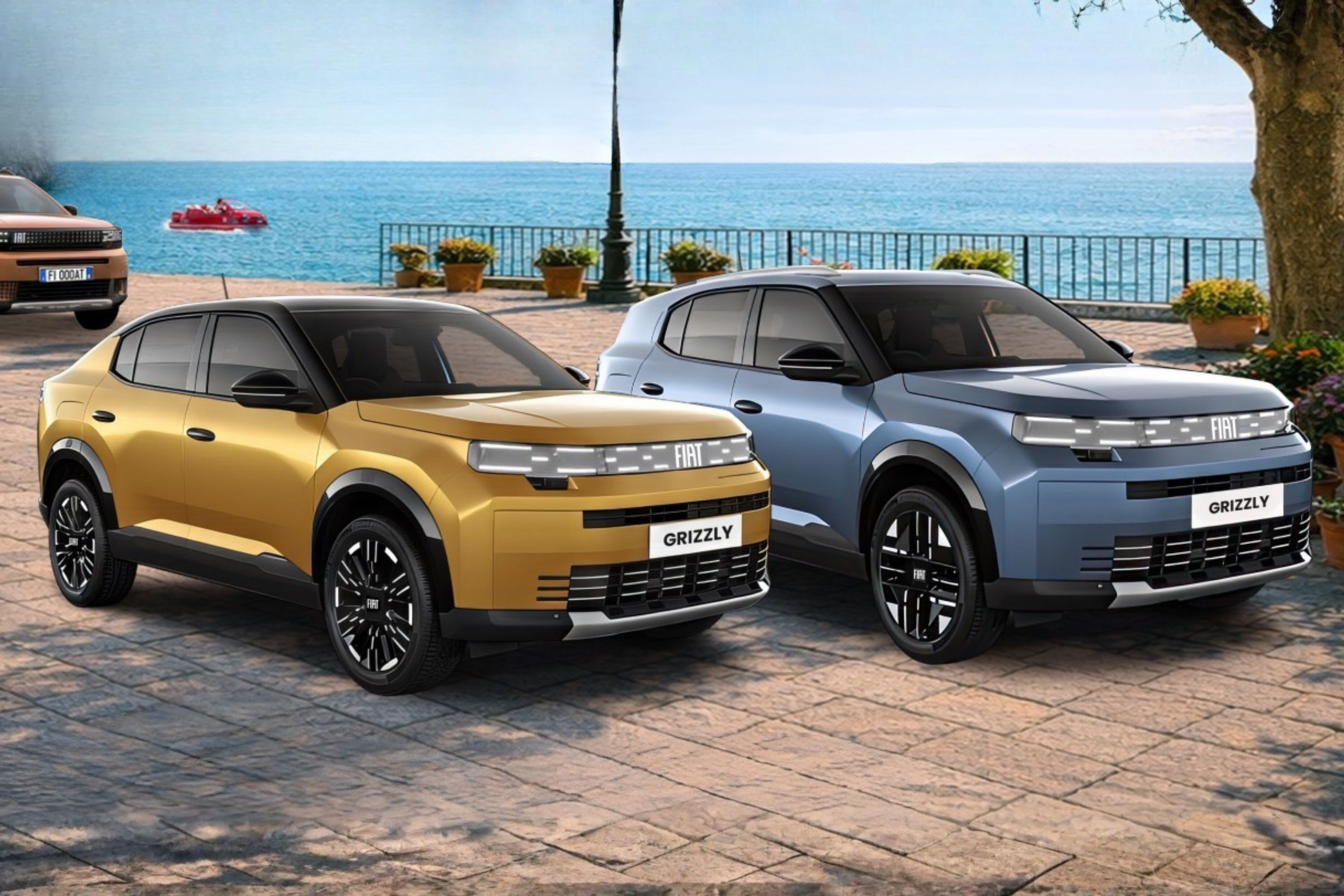 Dois carros Fiat Grizzly, um dourado e outro azul-claro, estacionados em um calçamento de pedra à beira-mar, com um jet ski vermelho ao fundo