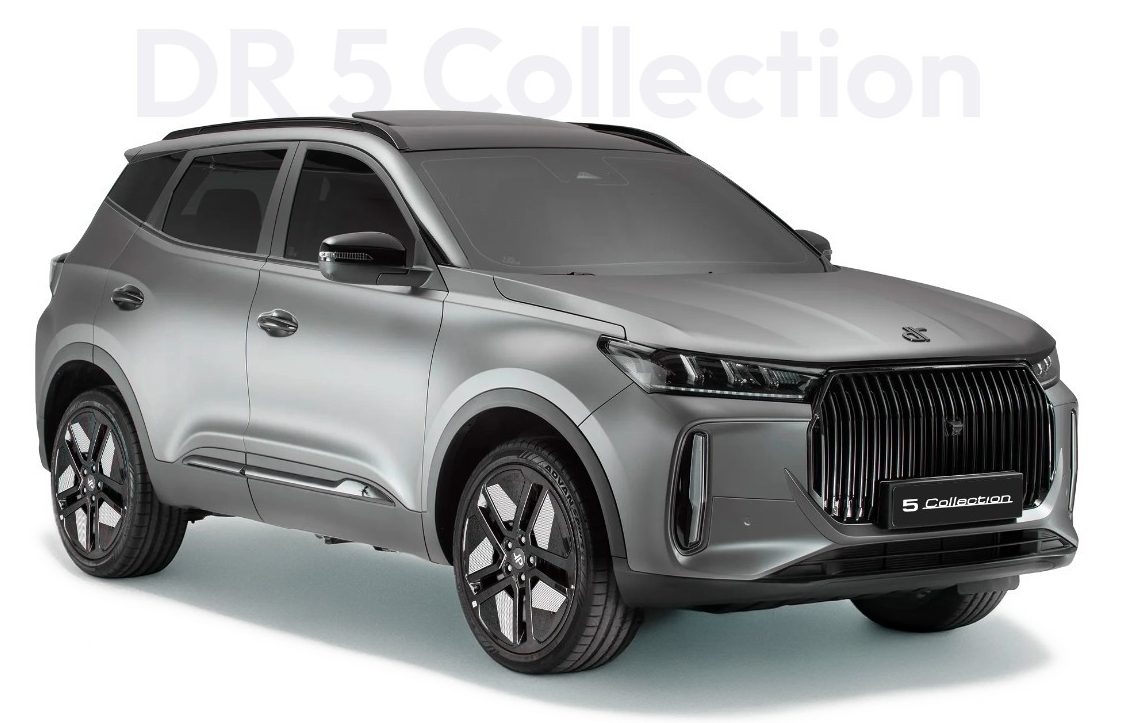 SUV DR 5 Collection cinza metálico, teto preto, rodas esportivas pretas com detalhes prateados, grade frontal vertical e faróis afilados, visto de frente e lateralmente