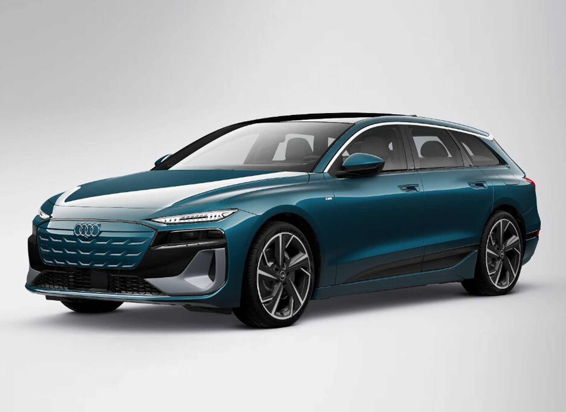 Carro Audi A6 Avant e-tron azul-petróleo, modelo perua, com teto solar preto, rodas esportivas escuras e faróis de LED finos, em fundo branco
