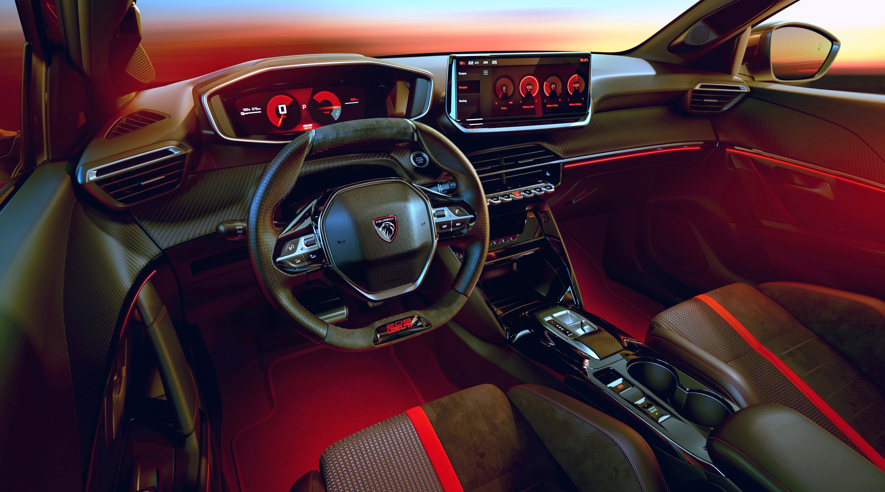 Interior de um carro moderno com iluminação ambiente vermelha, volante esportivo com o logo Peugeot, painel digital e tela multimídia exibindo informações do veículo. Bancos escuros com detalhes em vermelho.