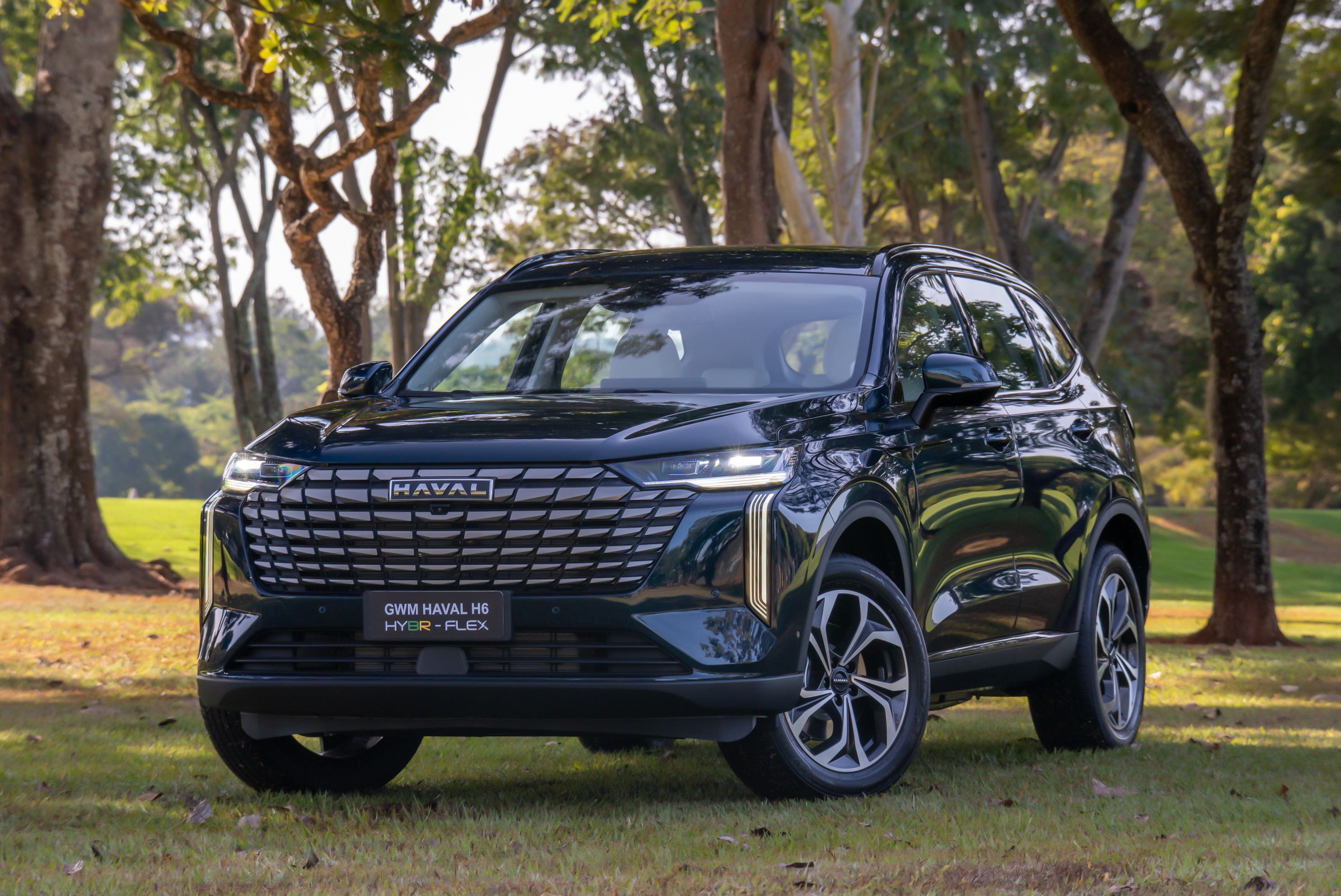 SUV Haval H6 GT preto, com faróis acesos, estacionado em um gramado verde com árvores ao fundo, sob luz solar