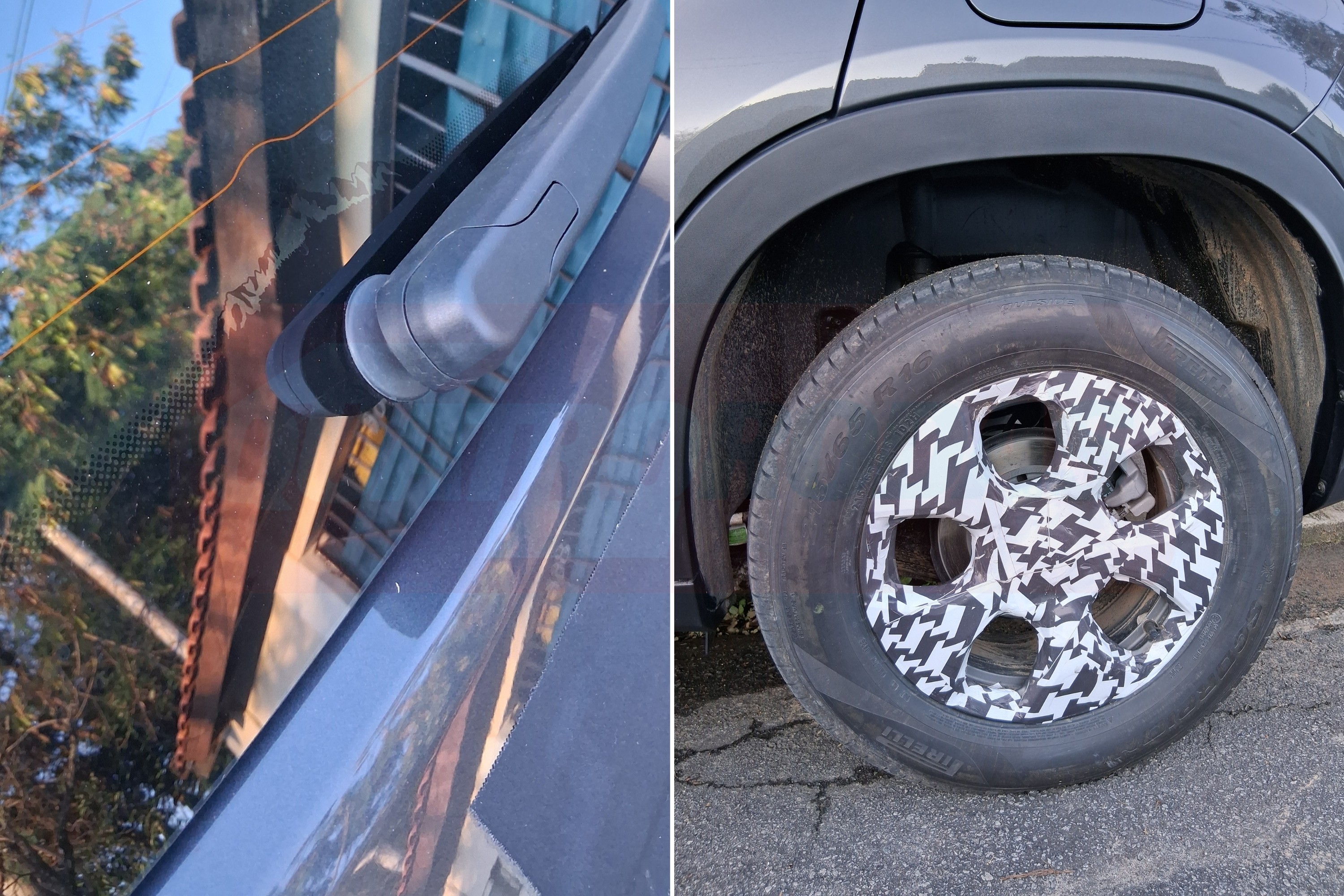 Duas imagens: à esquerda, um limpador de para-brisa cinza em um carro azul-escuro, refletindo árvores e uma casa. À direita, um pneu de carro com calota branca e preta de padrão geométrico, sobre asfalto