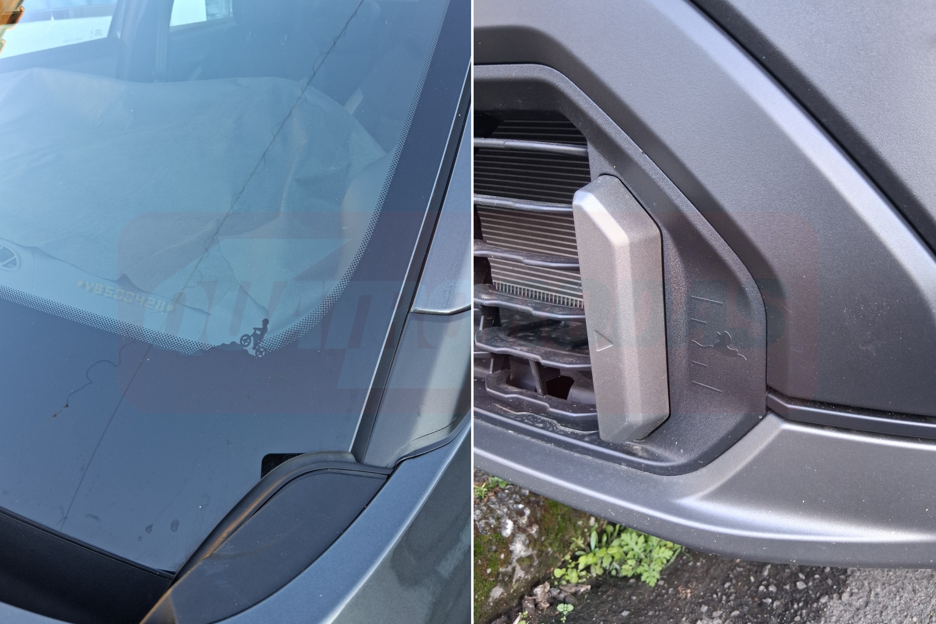Detalhe do para-brisa de um carro cinza com um airbag parcialmente inflado e o para-choque dianteiro com grade preta e sensor cinza