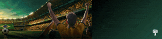 Torcedor de costas, vestindo camisa amarela, comemora com os braços erguidos em um estádio de futebol lotado, sob um céu verde-azulado. Uma bola de futebol com a bandeira do Brasil está no campo. À direita, um fundo verde escuro com um pequeno ícone de árvore branca no canto inferior direito