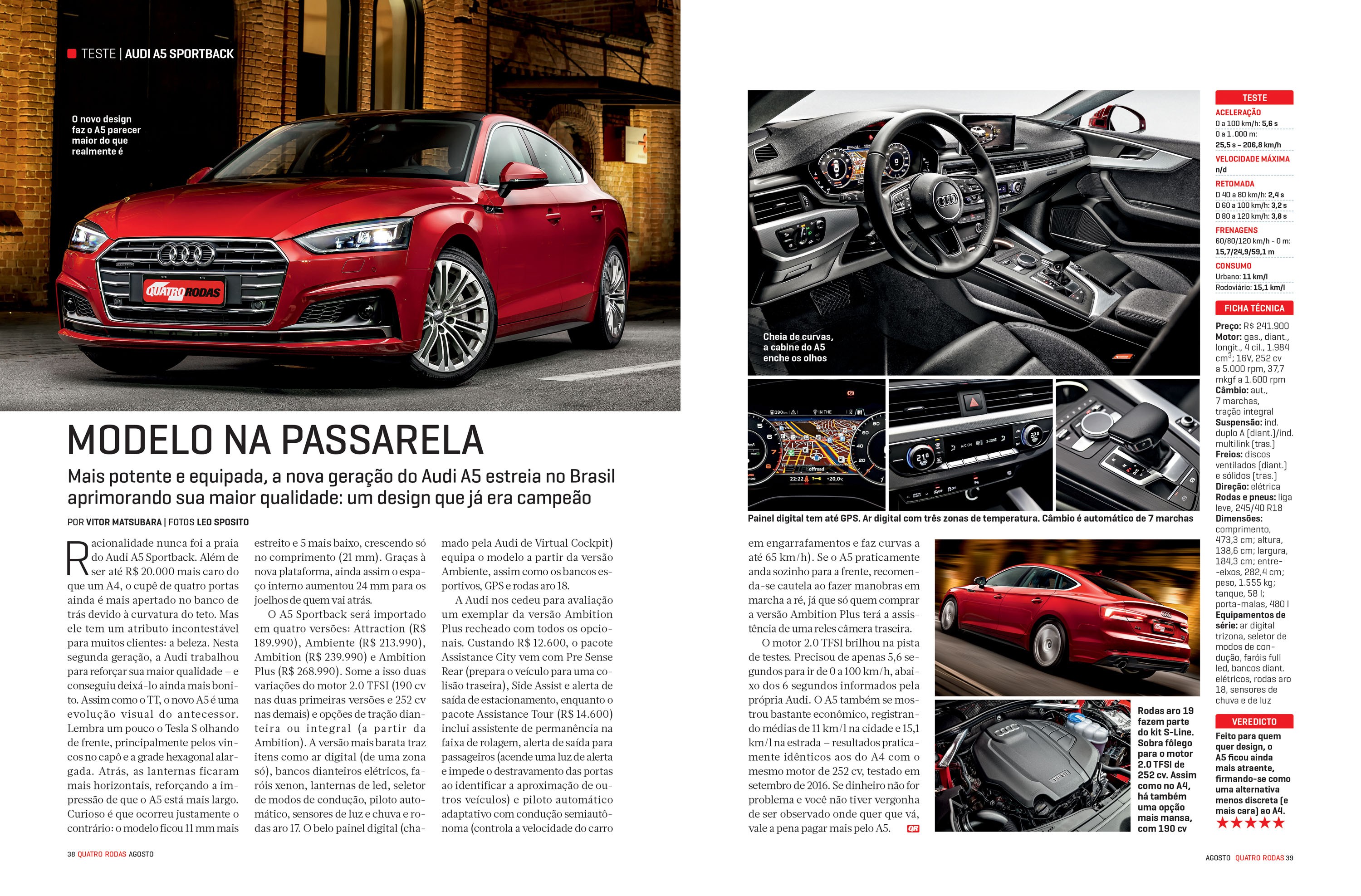 Revista automotiva com um Audi A5 Sportback vermelho em destaque, mostrando o exterior, interior e motor do carro, com textos sobre suas características e ficha técnica