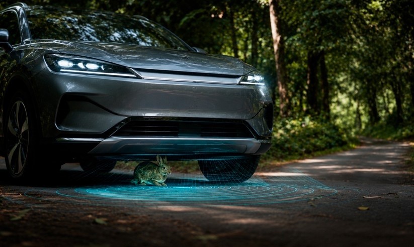 Carro cinza com faróis acesos parado em estrada de terra, com um coelho sob o para-choque dianteiro. Ondas azuis de sensor de proximidade emanam do veículo, indicando detecção do animal. Ao fundo, árvores e vegetação densa.