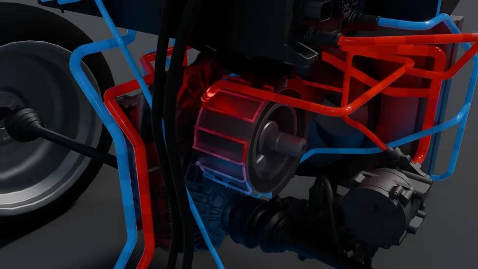 Diagrama de um motor de carro com tubulações azuis e vermelhas, indicando fluxo de fluidos, e uma roda cinza à esquerda