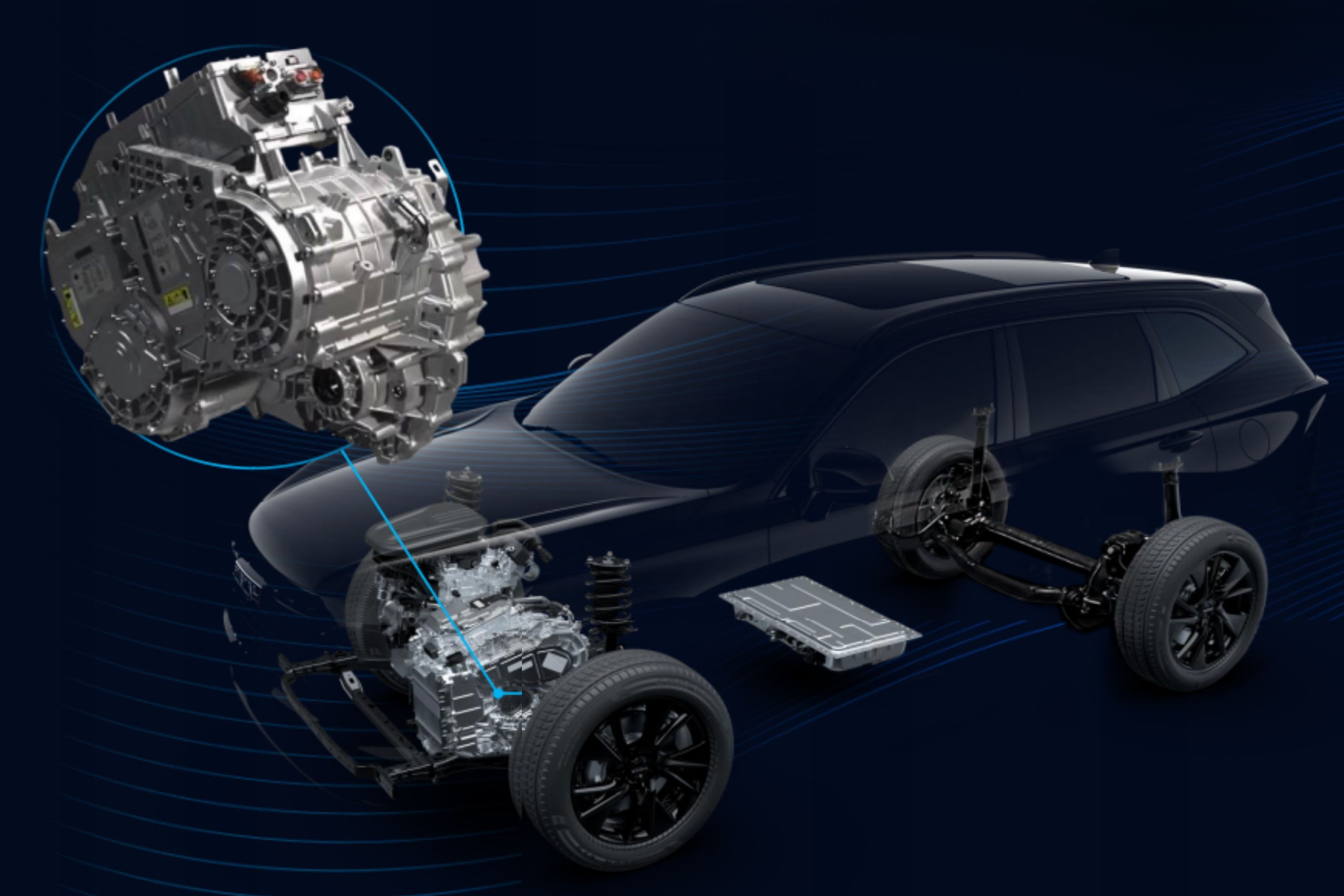 Diagrama de um carro híbrido ou elétrico, mostrando a carroceria escura translúcida sobre o chassi com rodas, bateria e motor. Um motor ampliado flutua no canto superior esquerdo, conectado por uma linha azul ao motor no chassi. O fundo é azul escuro com linhas onduladas