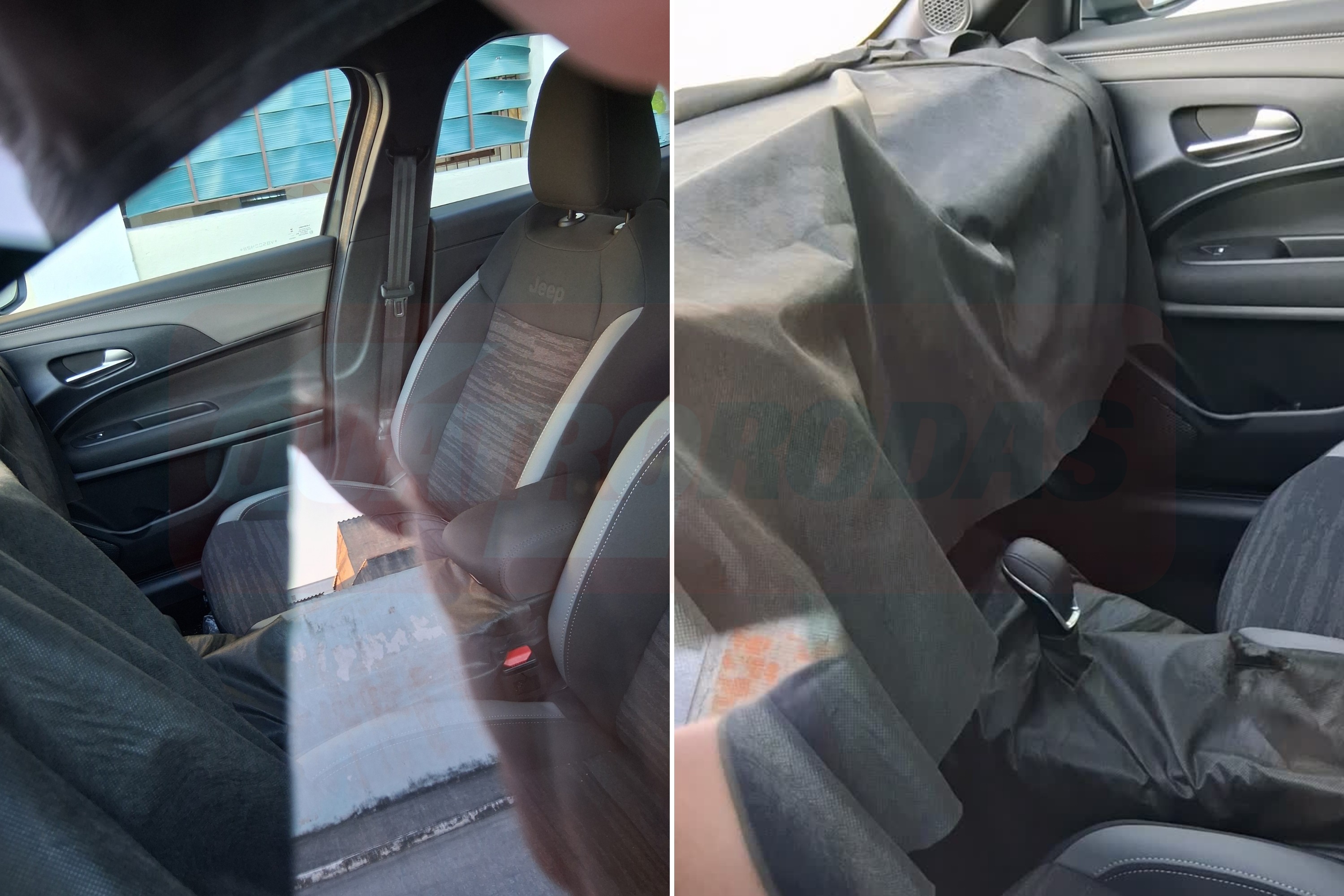 Interior de carro com banco do motorista em tecido cinza e branco, detalhe Jeep no encosto, e painel coberto por tecido preto, sugerindo protótipo ou teste