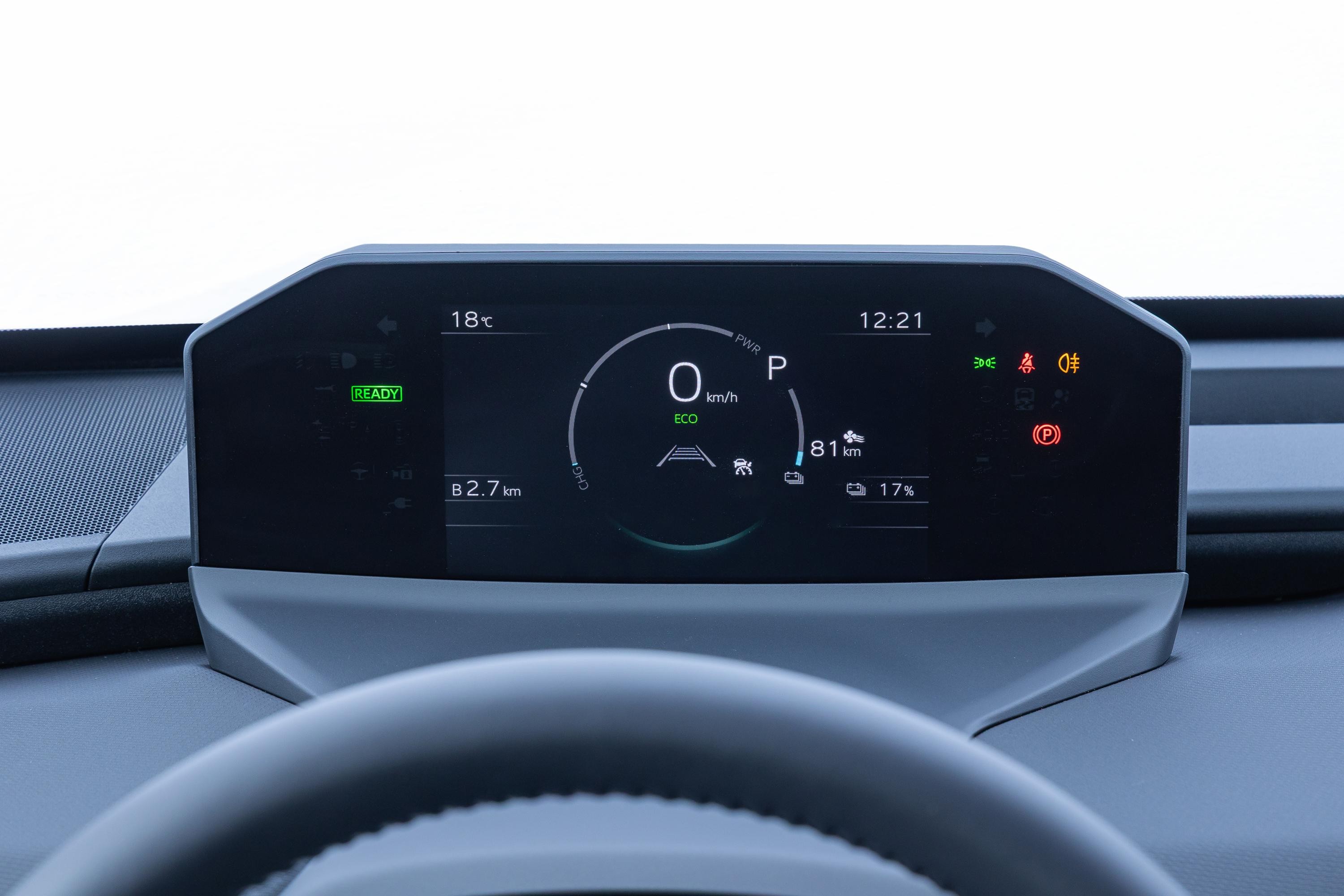 Painel digital de carro com informações como temperatura de 18°C, hora 12:21, velocidade 0 km/h, modo ECO, distância de 81 km e bateria em 17%. Luzes indicadoras de farol, neblina e freio de mão acesas. Volante escuro aparece na parte inferior
