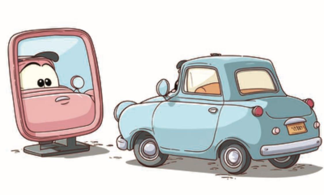 Um carro azul claro, visto de trás, olha para um espelho de corpo inteiro que reflete um carro rosa com olhos grandes e expressivos