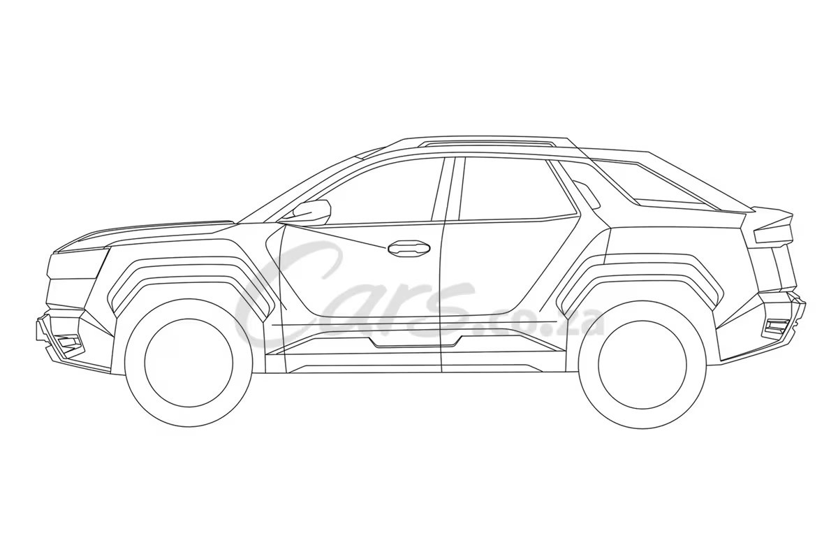 Desenho técnico de um carro SUV de quatro portas, com teto reto e rack de teto, visto de perfil. O veículo possui para-lamas robustos e rodas grandes, com design moderno e linhas angulares. A traseira tem um caimento suave, lembrando uma picape compacta.