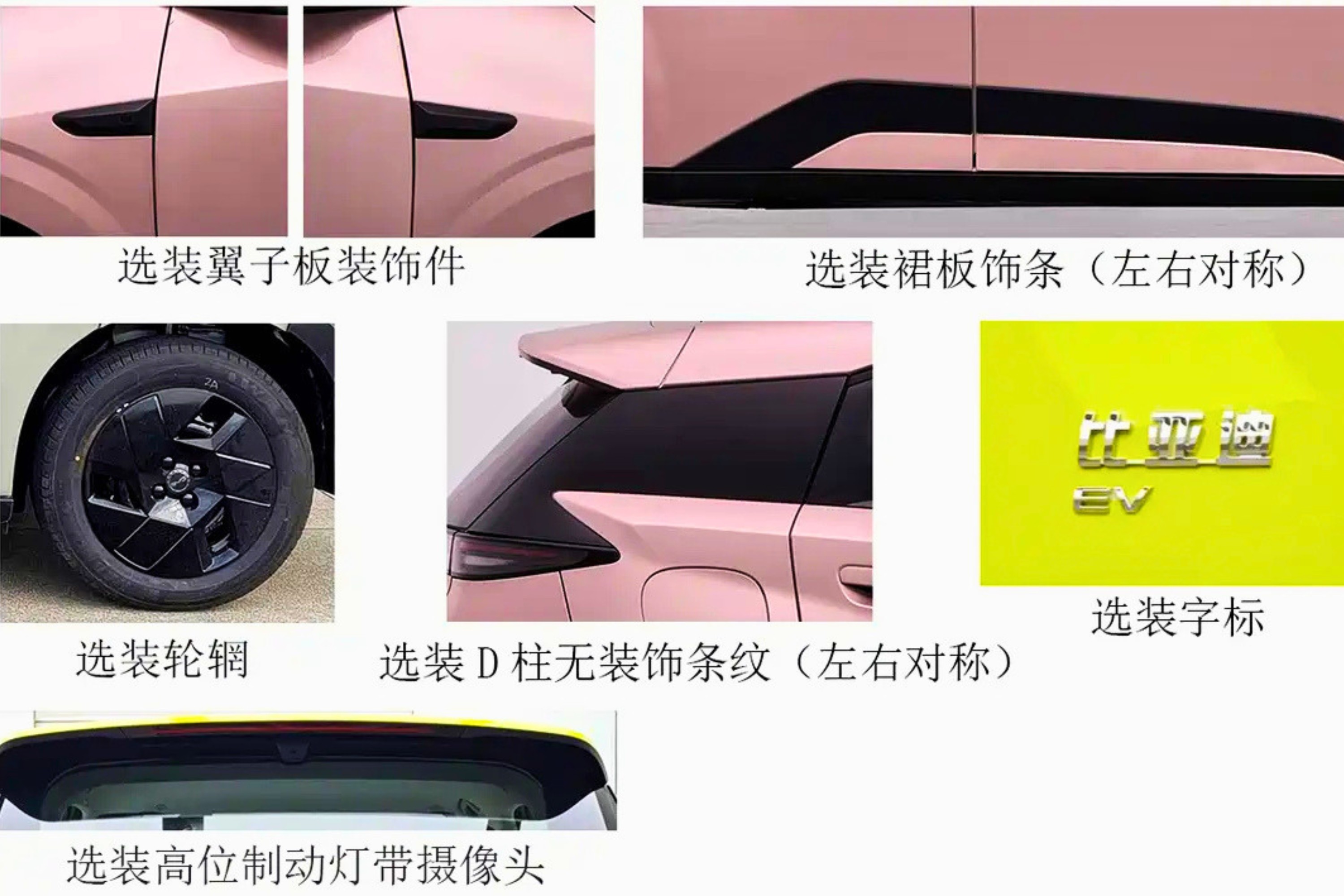 Montagem de seis imagens mostrando detalhes opcionais de um carro rosa: ma&ccedil;anetas pretas, saia lateral preta, roda preta, traseira do carro com spoiler, emblema EV em fundo amarelo e c&acirc;mera de freio elevada