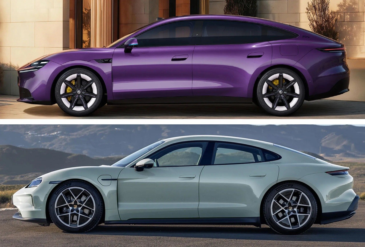 Dois carros elétricos de luxo, um roxo e outro verde-claro, vistos de perfil. O carro roxo está em frente a um prédio moderno, e o verde-claro em uma estrada com montanhas ao fundo