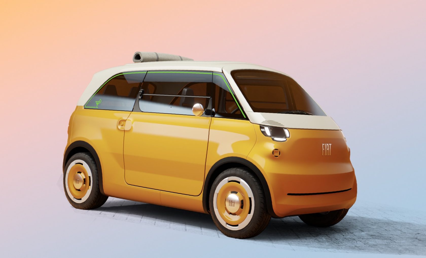 Carro compacto Fiat elétrico, amarelo e branco, com teto solar enrolado, rodas amarelas e detalhes verdes, em fundo degradê laranja e azul