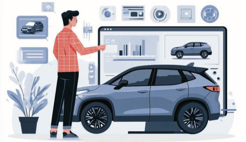 Homem de camisa xadrez laranja e calça preta apontando para um monitor grande com gráficos e um carro azul. Um carro azul maior está à frente do monitor, e ícones de aplicativos flutuam acima. Um vaso de planta está à esquerda